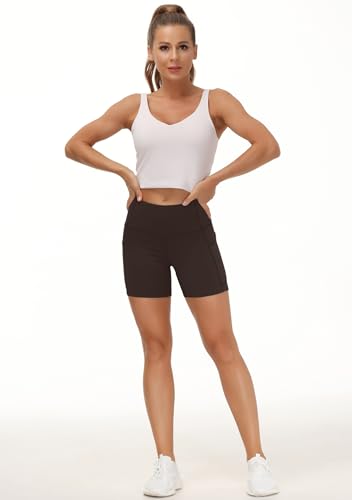Image of THE GYM PEOPLE High Waist Yoga Shorts for Women's Tummy Control Fitness Athletic Workout Running Shorts with Deep Pockets