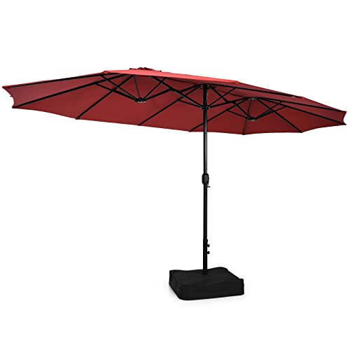 Image of Tangkula 15FT Double-Sided Patio Umbrella with Base, Extra-Large Market Umbrella W /Crank System, Outdoor Twin Umbrella W / 12-Rib Metal Structure & Air Vents for Garden, Backyard, Poolside (Burgundy)