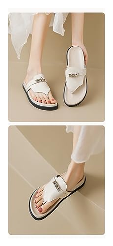 Women's Thick Soled Leather Flat Slippers, Black Beach Fashion Flip Flops, Sizes 5-11(Apricot,8)3