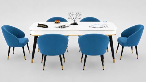 Image of WOODEN SPACE 6-Seater Wooden Dining Table Set | Nano Composite Marble Top | Solid Wood Base | Modern Dining Room Furniture with 6 Chairs (Blue Modern Classic)