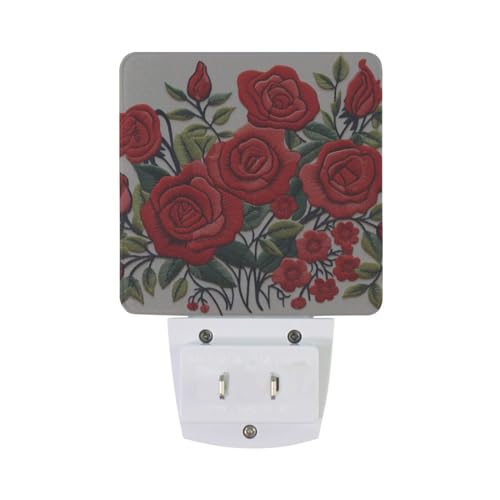 Image of Red Rose Flower Night Lights 2 Pack Plug-in Wall Led Nightlight Auto Dusk-to-Dawn Sensor Lamps for Bedroom Kitchen Bathroom