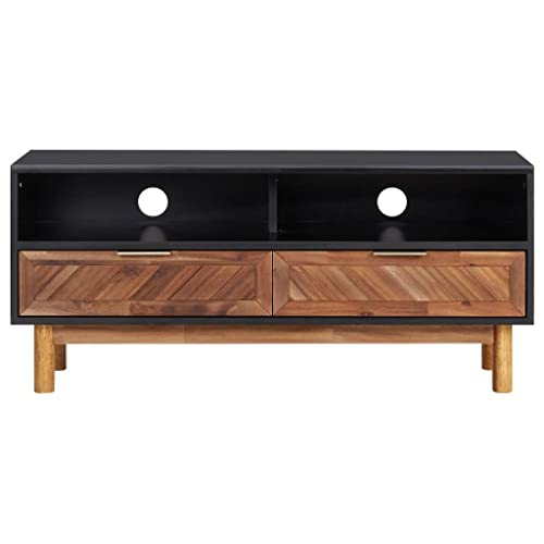 zylophax Meuble TV en bois d'acacia massif et MDF 100 x 35 x 45 cm avec 2 tiroirs, étagère et poignées en aluminium doré pour salon, meuble bas moderne...