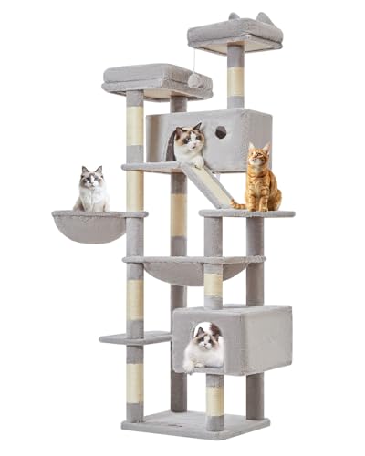Taoqimiao 180CM Kratzbaum Groß, Katzenbaum Katzen Kratzbaum Grosse Katzen Stabil mit 2 Katzenhaus, Metallhängematte, Korb, 8 Kratzsäulen, Katzenkratztafel, MS026LW Hellgrau