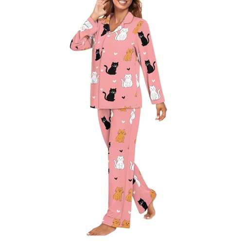 Pyjama femme manches longues imprimé chats en forme de cœur taille S - 3