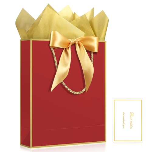 Image of JMANNI 1PCS Gift Bag with Ribbon and 1 Greeting Card 2 Tissue Papers, Portable Paper Gift Bag with Handles, Birthday Present Bags for Wedding Party,Mother's Day 12.6 inch x 9.8 inch x 3.9 inch(red gold)