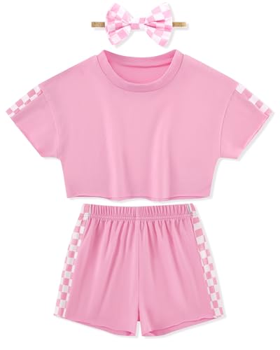 Image of SANMIO Toddler Girl Clothes Summer 3 Piece Outfits Cute | Short Sleeves Checkered Tops Shorts and Headband Girls Clothing Set