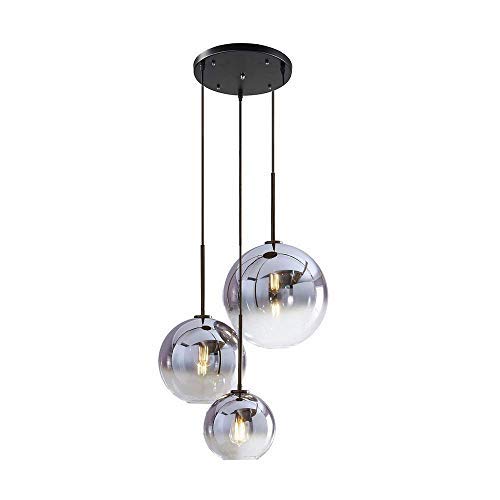 Preisvergleich Produktbild Pendelleuchte Modern Design Runde Hängeleuchte Esstisch Lampe Farbverlauf Glas Lampenschirm, E27 Schraubenhalter Glaskugel Licht Wohnzimmer Esszimmer Kronleuchter Schatten Ion Silber, Ø35CM 3-flammig