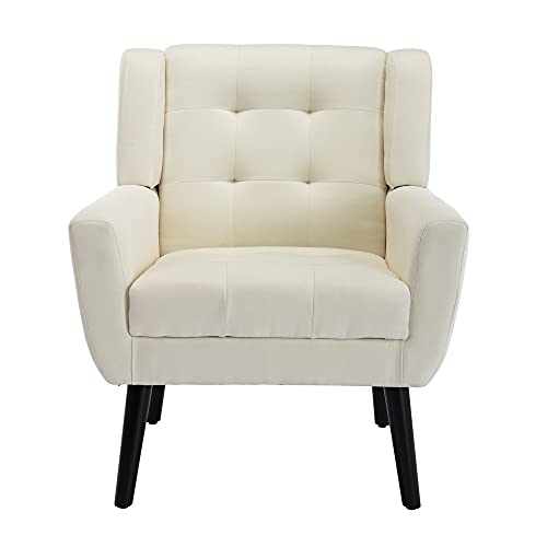 Dolonm Midcentury Modern Accent Chair With Arms, Upholstered Fabric Reading Side Chair Tufted Back Decorative Wingback Chair For Living Room Bedroom (Beige) #TOP1