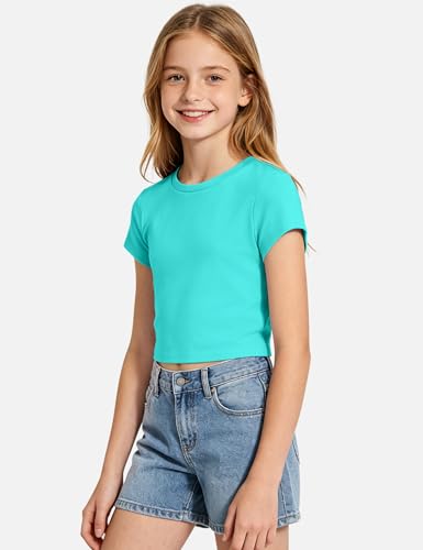 Image of Auranso Girls Crop Tops Kids Short Sleeve T-Shirts Basic Summer Tee Top