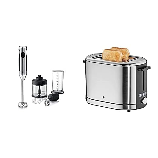 WMF Lineo Batidora de mano 4 en 1, 700 w,vaso medidor 1 Litro + Lono Tostadora, 900 W, 2 ranuras, 7 niveles de tueste, modo descongelar, luces led, acero inoxidable de cromargan