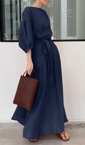 CHARTOU Women Elegant Long Dress Boat Neck 3/4 Lantern Sleeve Cotton Linen Dress with Belt2