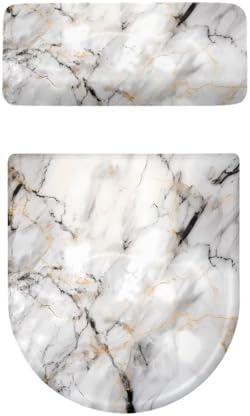 Darisoco White Marble Print Toilet Lid Cover & Toilet Tank Lid Pads Bathroom Stretch Washable Toilet Lid Seat Protector Cover with Elastic Bottom
