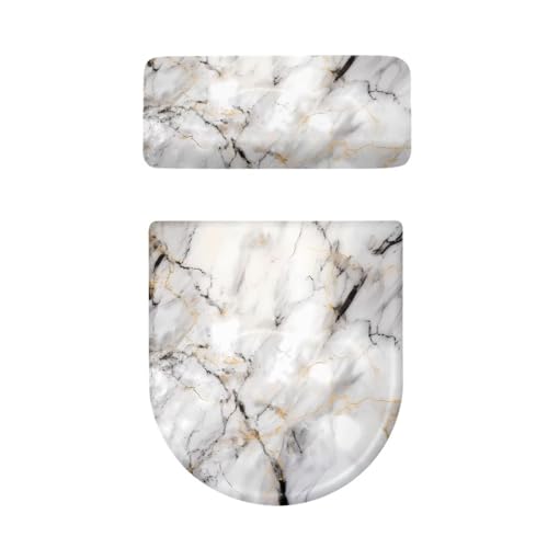 Darisoco White Marble Print Toilet Lid Cover & Toilet Tank Lid Pads Bathroom Stretch Washable Toilet Lid Seat Protector Cover with Elastic Bottom