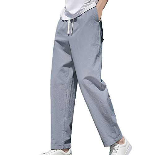 Pantalones de lino para hombre, ligeros, pantalones de lino con cordón para hombre, holgados, casuales, rectos, color sólido, pantalones casuales con bolsillos, transpirables, ligeros, talla grande