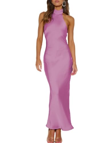 Image of Women Summer Satin Halter Neck Backless Formal Wedding Guest Maxi Dress