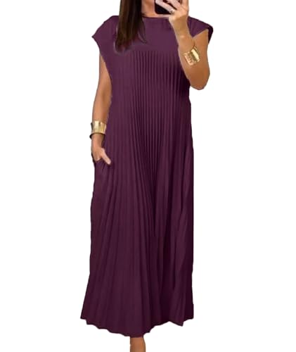 Image of SEMATOMALA Women's Pleated Short Sleeve Maxi Dress Crewneck Loose Fit Flowy Swing Long Dress with Pockets