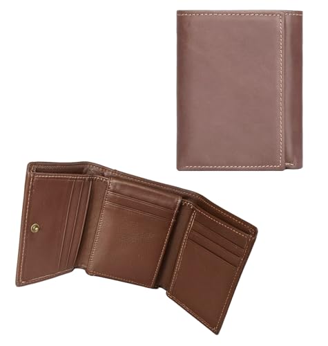 Genuine Leather Short Trifold Wallet for Men, RFID Blocking, Snap Closure. 11 Card Slots, 2 ID Windows. Brown