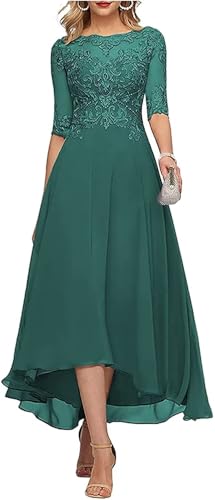 Lace Appliques Mother of The Bride Dress 3/4 Sleeves A line Tea Length Chiffon Formal Wedding Party Prom Gowns for Women Peacock