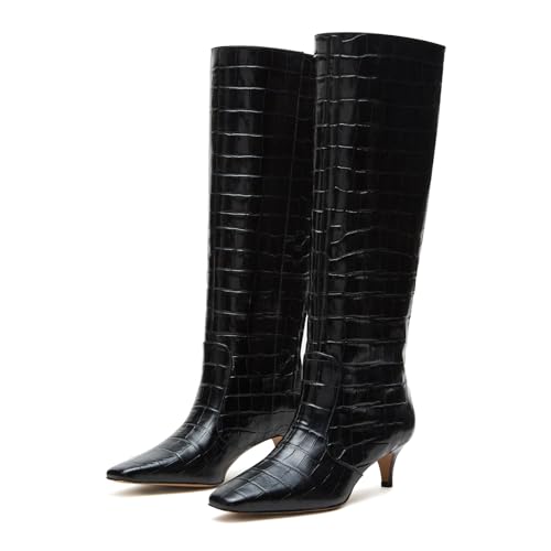 Yishaweiqi Stone Pattern Knee High Boots for Women Kitten Heel Square Toe Fashion Fall Boots Calf High Boots Tall Boots Long Boots