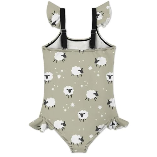 Image of Girls One Piece Swimsuit Cute Alpacas Hearts Stars Ruffles Swimwear Bathing Suits 3-12 Years