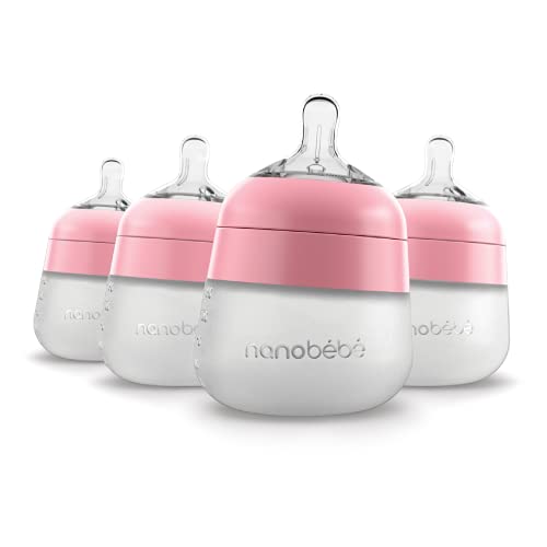 Image of Nanobébé Flexy Silicone Baby Bottle, Anti-Colic, Natural Feel, Non-Collapsing Nipple, Non-Tip Stable Base, Easy to Clean 4-Pack, Pink, 5 oz