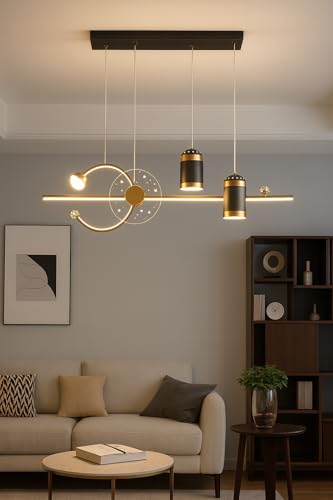 Image of Modern Linear LED Pendant Chandelier Light | Contemporary Star Projection Hanging Ceiling Lamp | Black & Gold Finish | Ideal for Dining Table, Kitchen Island, Living Room & Bar
