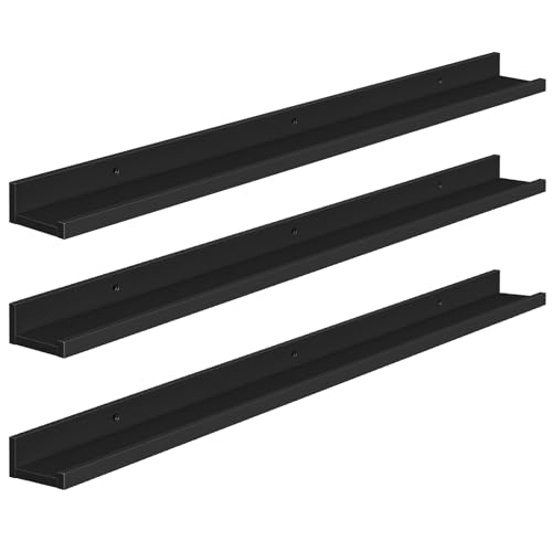Image of HOOBRO Floating Shelves, Wall Shelf Set of 3, 35.4 Inches Hanging Shelf with Raised Edge and Invisible Brackets, for Bathroom, Bedroom, Kitchen, Office, Living Room Decor, Black BK90BJ01