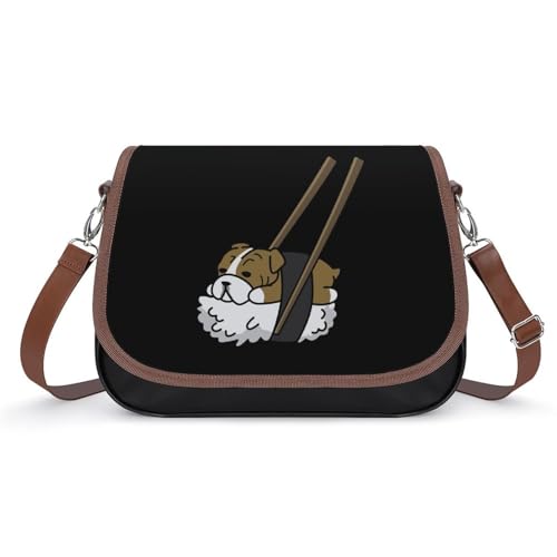 Funny Sushi English Bulldog Crossbody Bag Anti-Theft Side Shoulder Bags Adjustable Leather Messenger Bag Unisex