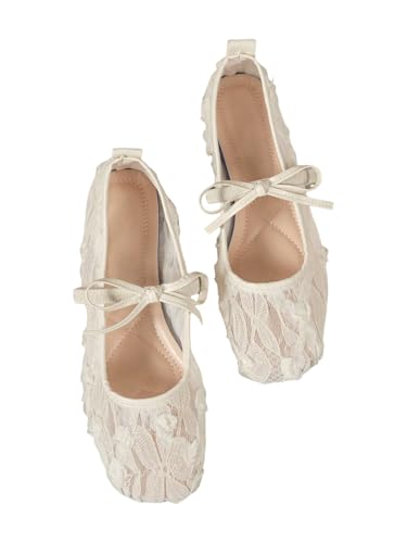 OYOANGLE Womens Floral Lace Mesh Ballet Flats Comfortable Dressy Square Closed Toe Bow Dress Shoes White 7.5