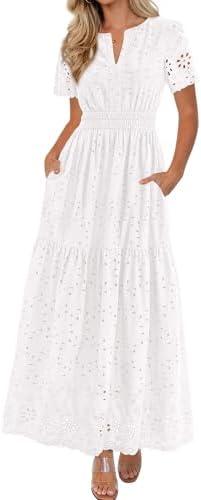 PRETTYGARDEN Womens Spring Maxi Dress Short Sleeve V Neck Cotton ...