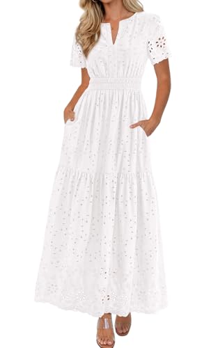 PRETTYGARDEN Women Boho V Neck Long Dresses 2026 Casual Short Sleeve Smocked Waist Hollow Out Eyelet Flowy Cocktail Dress (White Medium)