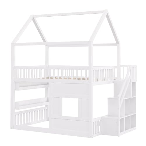 Image of Bellemave Bunk beds Full Over Full with Storage Stairs,Two Placement Methods,House bunk Bed, White