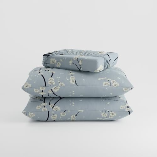 Image of BLISSHOME SoftTouch 140TC Cotton King Size Fitted Bedsheet with 2 Pillow Covers, Silky Smooth Bedding Set, Breathable, Easy Maintain, Floral Print - Grey, White (182cm x 198cm x 25cm Drop)