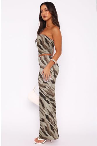 Image of Two Piece Dress Outfits for Women Sleeveless Tube Tops Bodycon Maxi Dress Summer Strapless Crop Top Sexy Suits Set