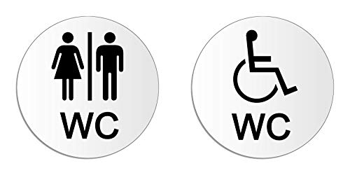 Señal Cartel Placa Aluminio pintado | solvente y Resistente a los Rayos UV | Juego de 2 | WC Damas y Caballeros/Discapacitado | Ø 100 mm