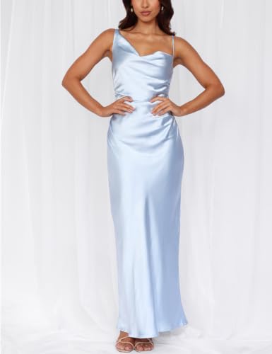 Image of Formal Satin Silk Spaghetti Strap Maxi Dresses for Women Wedding Guest | Elegant, Summer, Cowl Neck, Backless, Sleeveless, Slip, Slit, Ruched, Long Bridesmaid Dress, Cocktail, Beach Vacation, Party