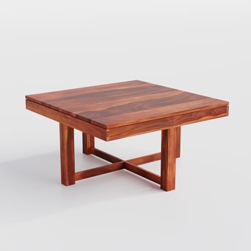 Image of Solid Sheesham Wood Coffee Table with 4 Cushioned Nested Stools | Space-Saving Center Table for Living Room | Modern Wooden Tea Table Set for Home, Lounge & Office Decor | Sheesham, Walnut Brown