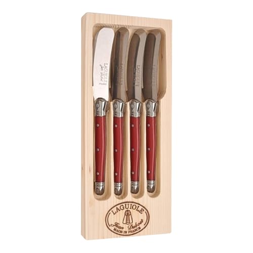 Jean Dubost Laguiole 4-Piece Spreader Set, Red Handles - Rust-Resistant Stainless Steel - Includes Wooden Tray - Made in France