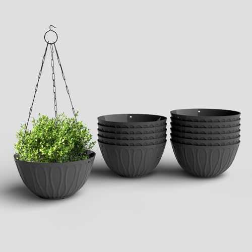 Image of YUCCABE ITALIA SHERA Hanging Wave 8 INCH, Plastic Flower Pot with Drainage Holes Round Planter Pot Suitable for Inddor Outdoor Kitchen (Grey, Pack of 12)