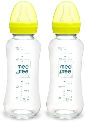 Mee Mee Premium Glass Feeding Bottle with Eazy-Flow Technology, Anti-Colic Valve,Anti Slip,BPA-Free Baby Feeding Bottle for Babies & Toddlers(Green, 240Ml,Pack of 2)