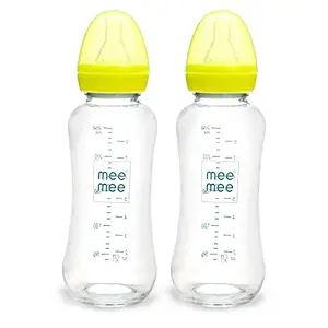 Mee Mee Premium Glass Feeding Bottle with Eazy-Flow Technology, Anti-Colic Valve,Anti Slip,BPA-Free Baby Feeding Bottle for Babies & Toddlers(Green, 240Ml,Pack of 2)