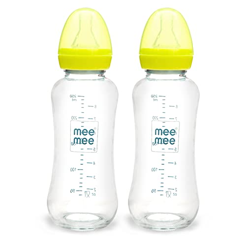 Mee Mee Premium Glass Feeding Bottle with Eazy-Flow Technology, Anti-Colic Valve,Anti Slip,BPA-Free Baby Feeding Bottle for Babies & Toddlers(Green, 240Ml,Pack of 2)