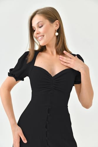 Image of Shasmi Girl's & Women's Solid Midi Dress - Elegant Square Neck Button-Down Dress with Puff Short Sleeves | Stylish Casual & Party & Office Wear Outfit (Dress 105)