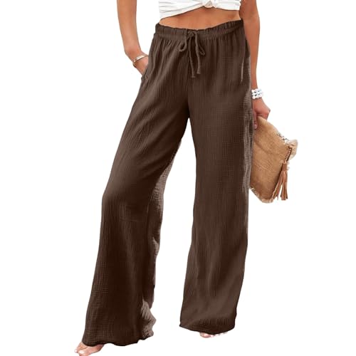 Flowy Pants for Women Elastic Waist Wide Leg Trousers Lightweight Linen Blend Casual Summer Beachwear Relaxed3