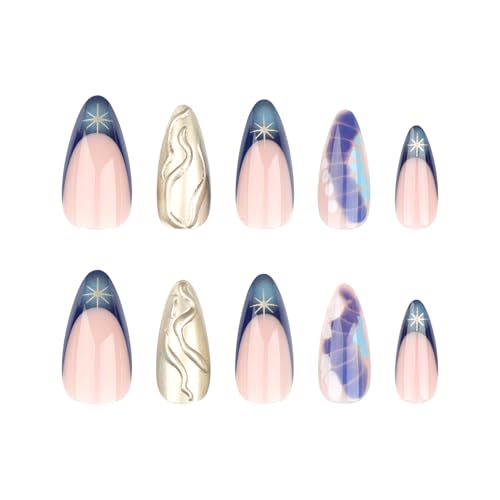 Image of Stiletto Press on nails French Tip Fake Nails with 3D Line Design Bronze Colour Glue on Nails Star Stick on Nail Artificial Acrylic Full Cover Medium Blue False Nail for Women Manicure 24Pcs