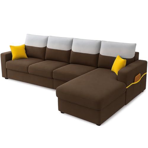 Image of Furny Tokiaa 8 Seater Fabric RHS L Shape Sofa Set with 1 Centre Table & 2 Puffy (Brown) | Soft Velvet Fabric | Modern Design | Comfortable Seating | Living Room Furniture