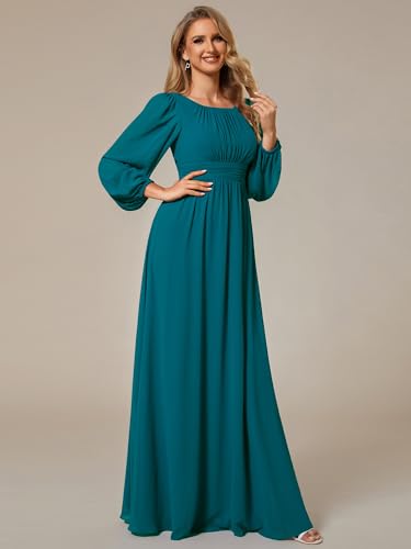 Image of Ever-Pretty Women's Crewneck Long Lantern Sleeves Floor Length A-Line Pleated Chiffon Formal Dress 0106B