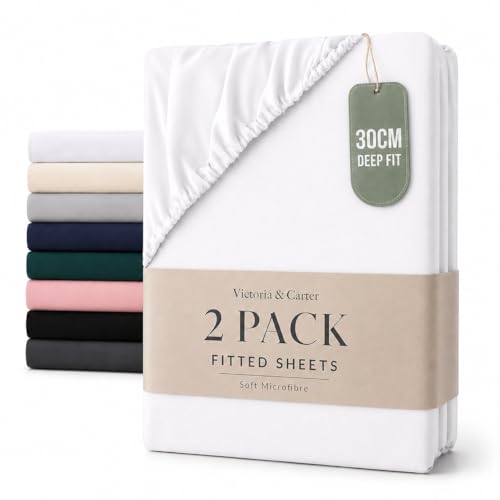 2 Pack Single Fitted Sheet (30cm) - Ultra Soft Microfibre Bed Sheets Wrinkle-Resistant Elasticated Corners Shrink and Fade Resistant Easy Care for Single Beds (White)