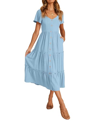 KIRUNDO Summer Dresses for Women 2024 Casual Short Sleeve Button V Neck Tiered Flowy Birthday Party Elegant Blue Loose Fit Linen Midi Dress(Small, Light Blue)