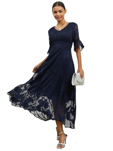 Summer Maxi Dresses for Women 2025 Casual Flutter Sleeve V Neck Cocktail Dress Smocked Elegant Ruffle A-Line Flowy Lace Dress Dark Blue